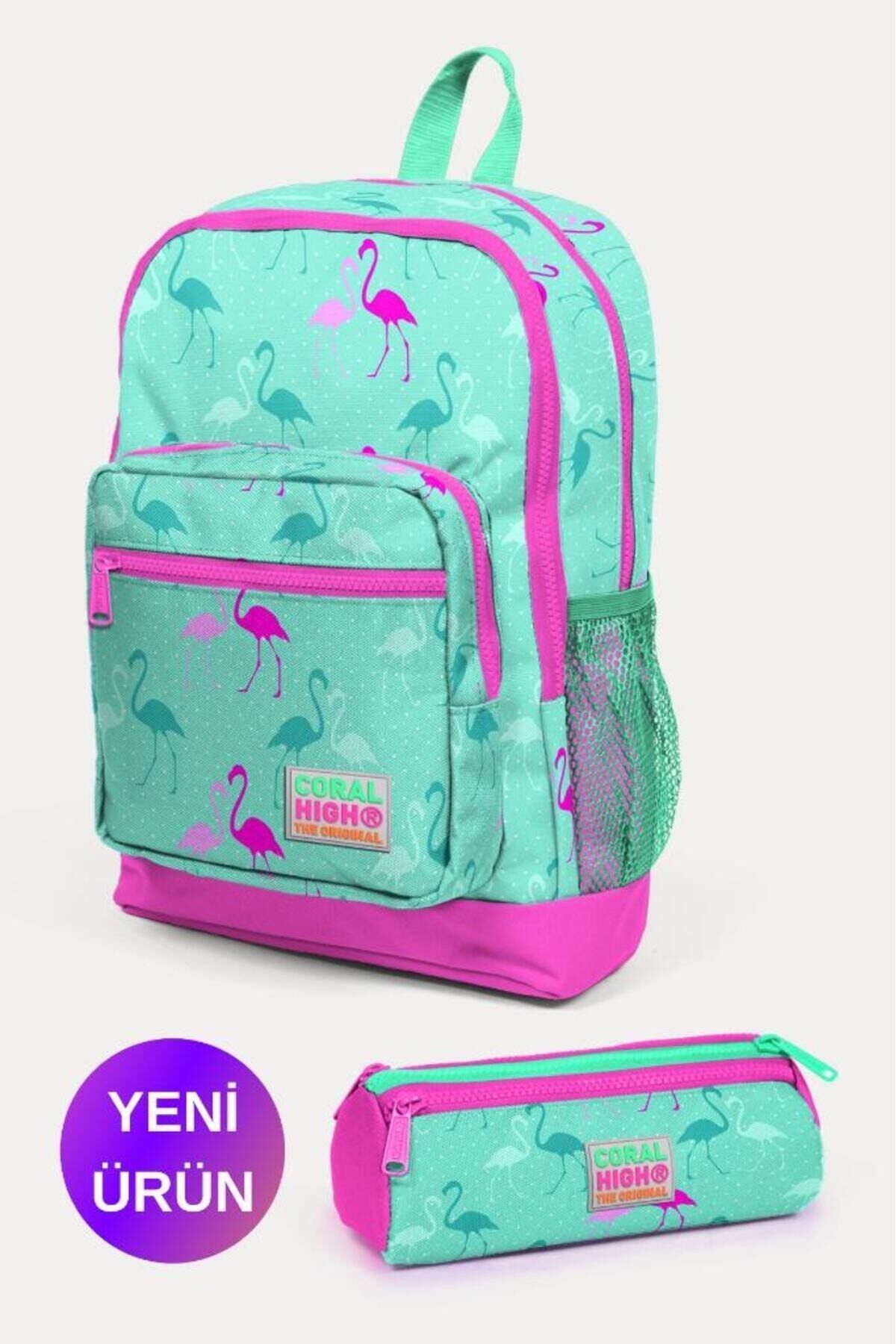 Kids Su Yeşili Neon Pembe Flamingo Desenli 2'li Okul Çanta Seti GOSET0223111