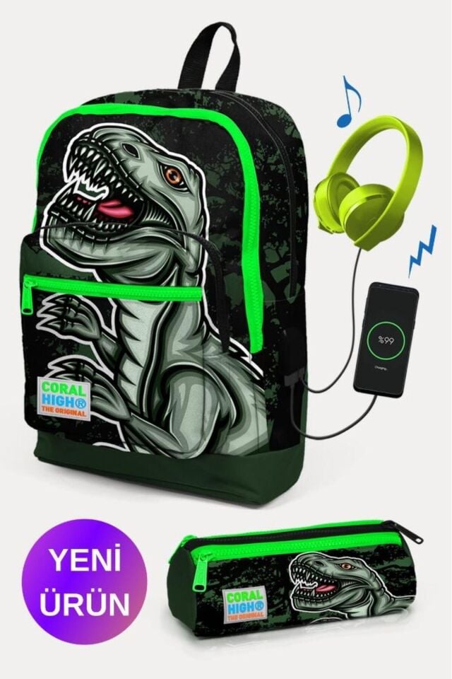 Kids Koyu Yeşil Siyah Dinazor Desenli USB'li 2'li Okul Çanta Seti GOSET0223825