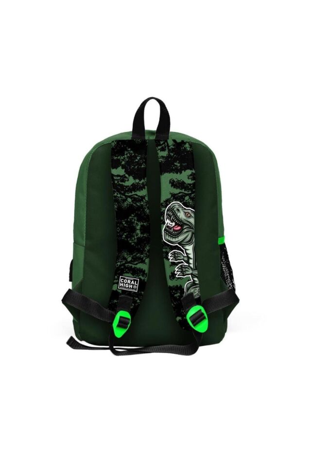 Kids Koyu Yeşil Siyah Dinazor Desenli USB'li 2'li Okul Çanta Seti GOSET0223825