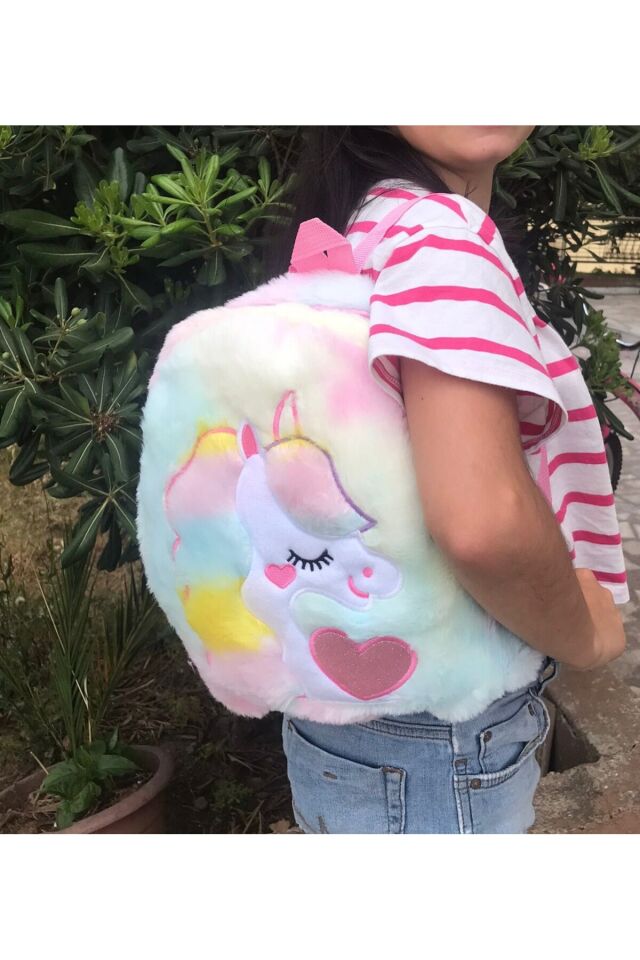Unicorn Desenli Peluş Sırt Çantası Mavi