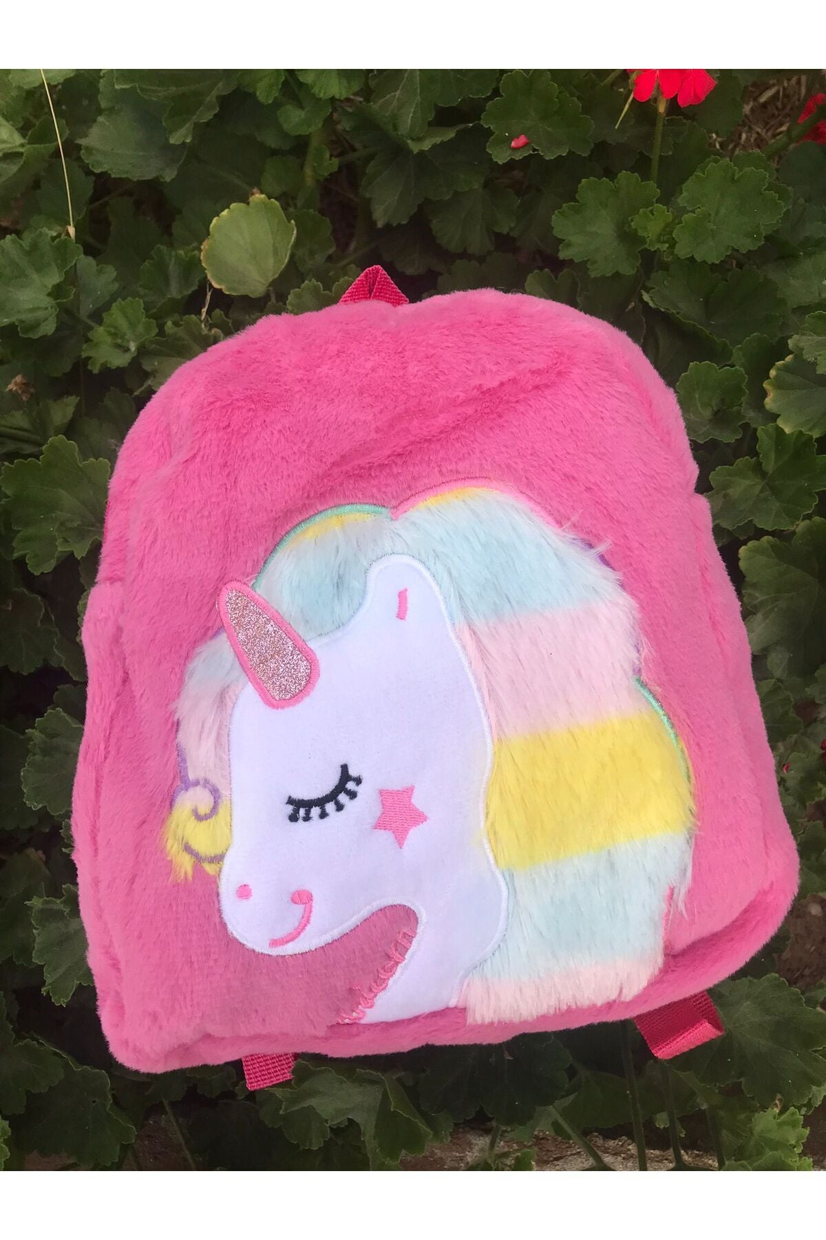 Unicorn Desenli Peluş Sırt Çantası Açık Pembe