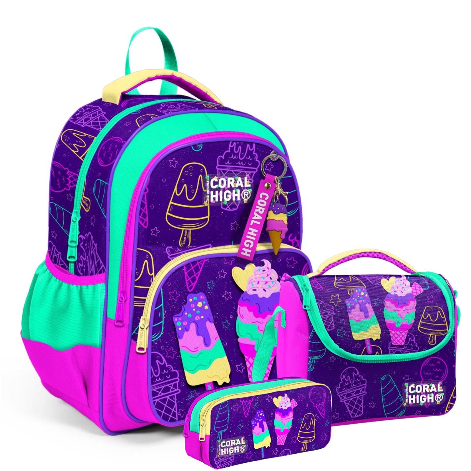 Coral High Kids Mor Pembe Dondurma Desenli 3’lü Okul Çanta Seti