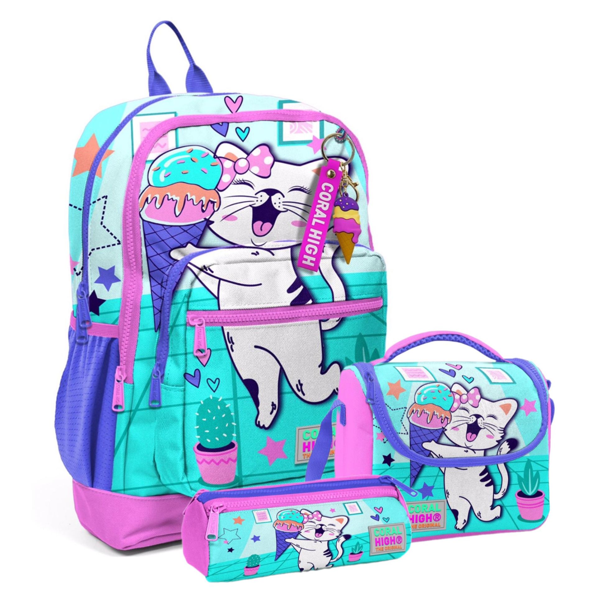 Coral High Kids Turkuaz Pembe Dondurmalı Kedi Desenli 3’lü Okul Çanta Seti