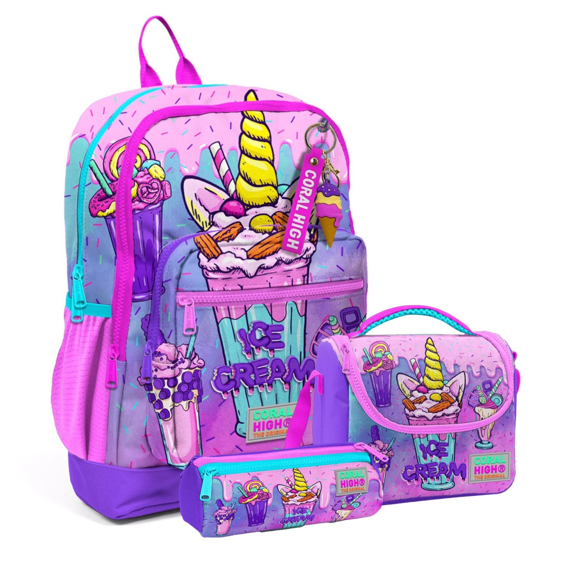 Coral High Kids Pembe Mor Milkshake Dondurma Desenli 3’lü Okul Çanta Seti