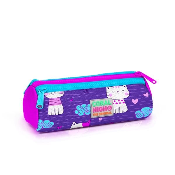 Coral High Kids Mor Pembe Kedi Desenli Üç Bölmeli Kalem Çantası 22304