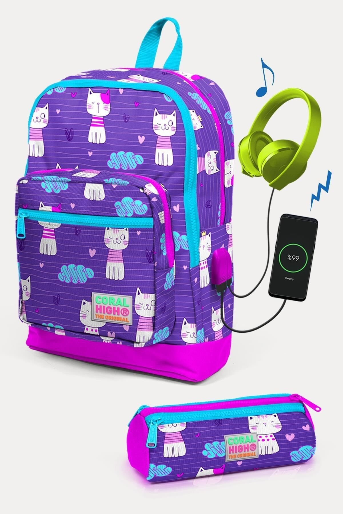 Kids Mor Pembe Kedi Desenli USB'li 2'li Okul Çanta Seti SET0223264 Mor