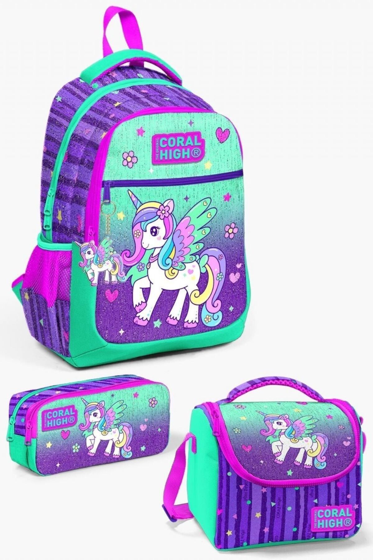 Kids Mor Su Yeşili Unicorn Desenli 3’lü Okul Çanta Seti - Kız Çocuk Renkli