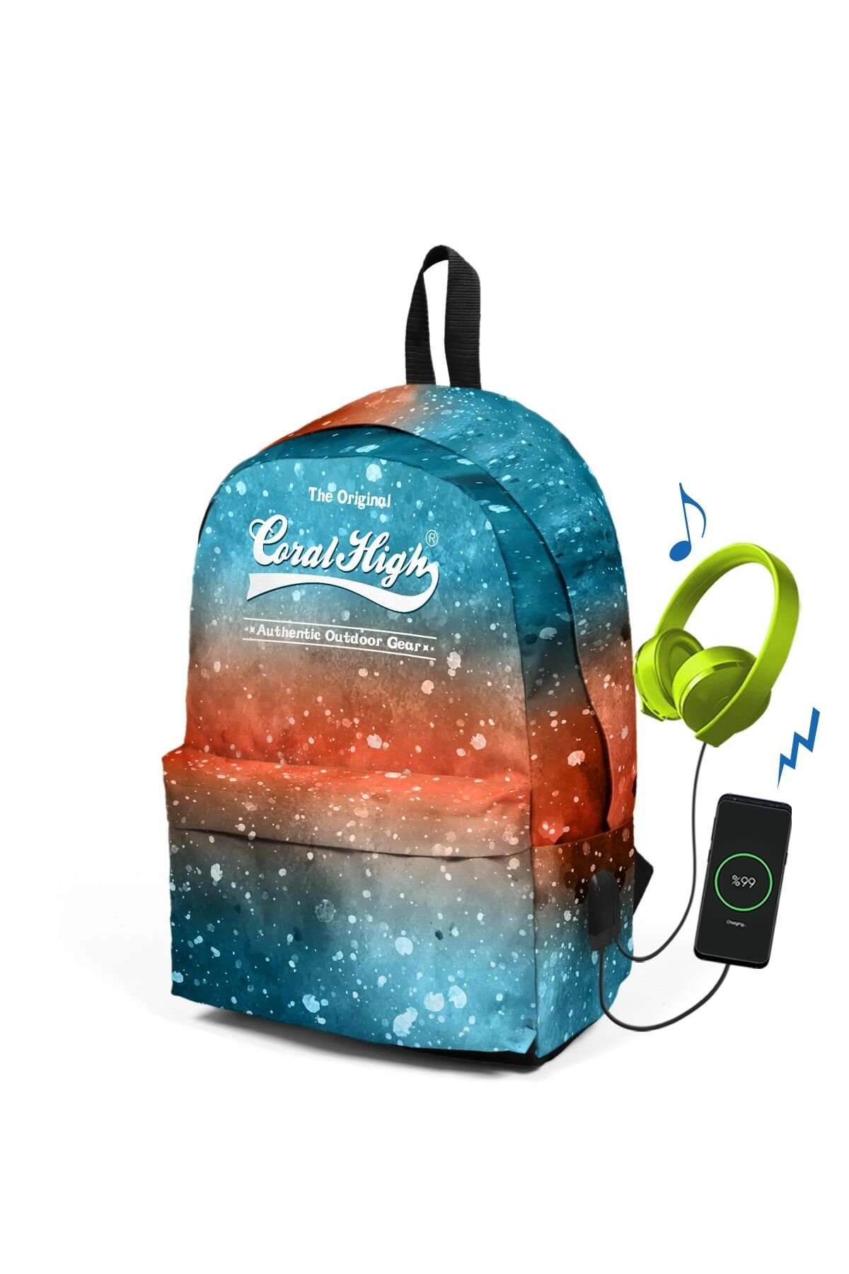 Galaksi Desenli Iki Bölmeli Usb Şarjlı Kulaklık Çıkışlı Sırt Çantası