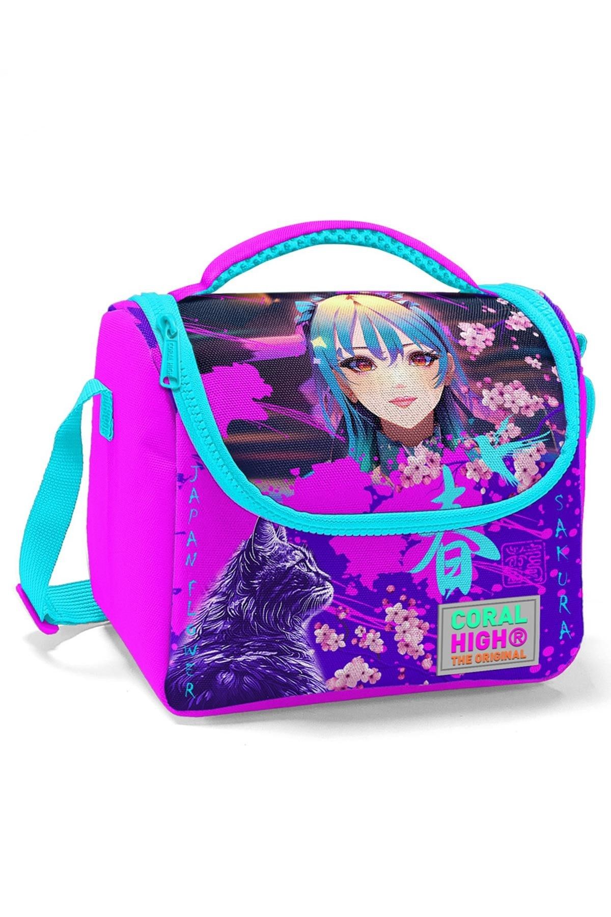 Coral High Kids Mor Pembe Anime Kedi Desenli Thermo Beslenme Çantası 11753