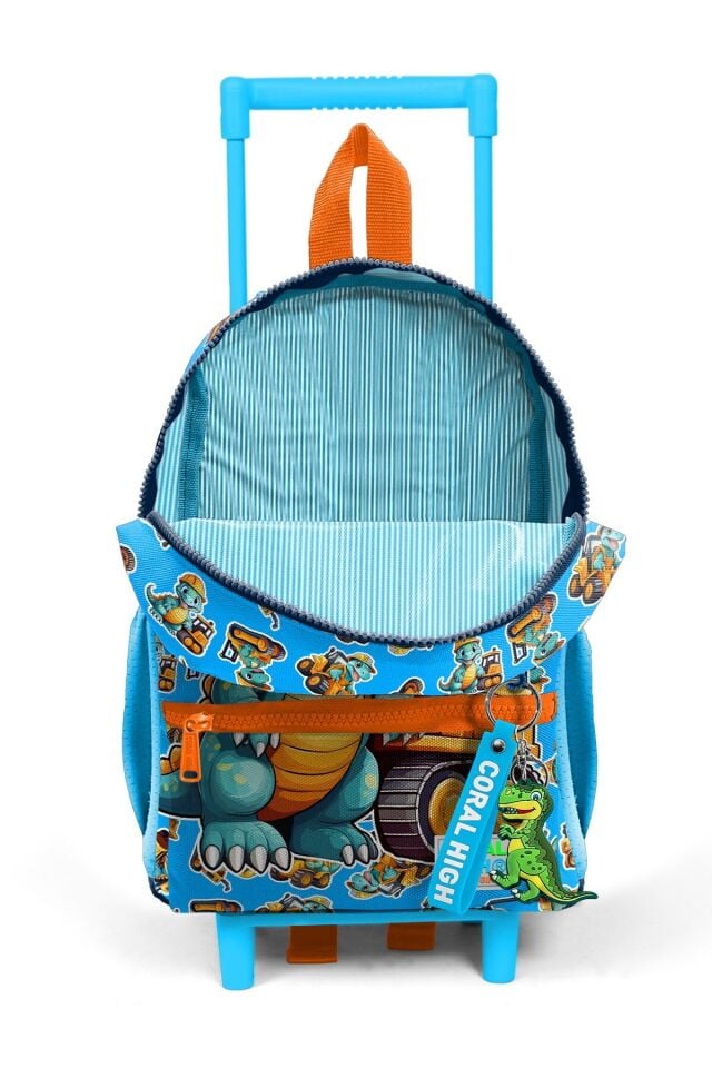 Minik Yuva Çekçekli Sırt Çantası Mavi Turuncu Dinozor Desenli İki Bölmeli 23571