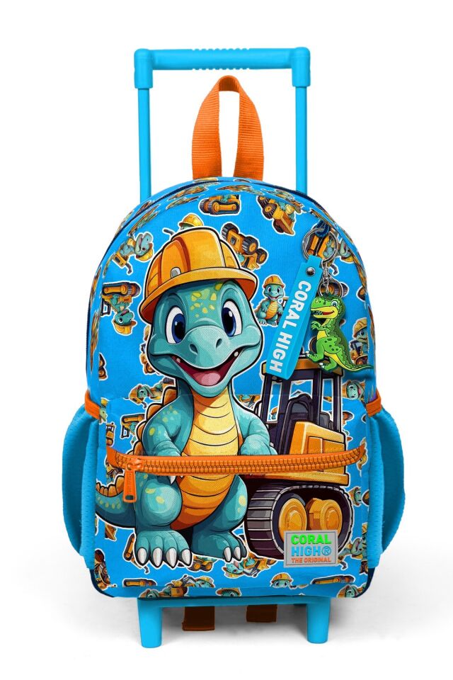 Minik Yuva Çekçekli Sırt Çantası Mavi Turuncu Dinozor Desenli İki Bölmeli 23571