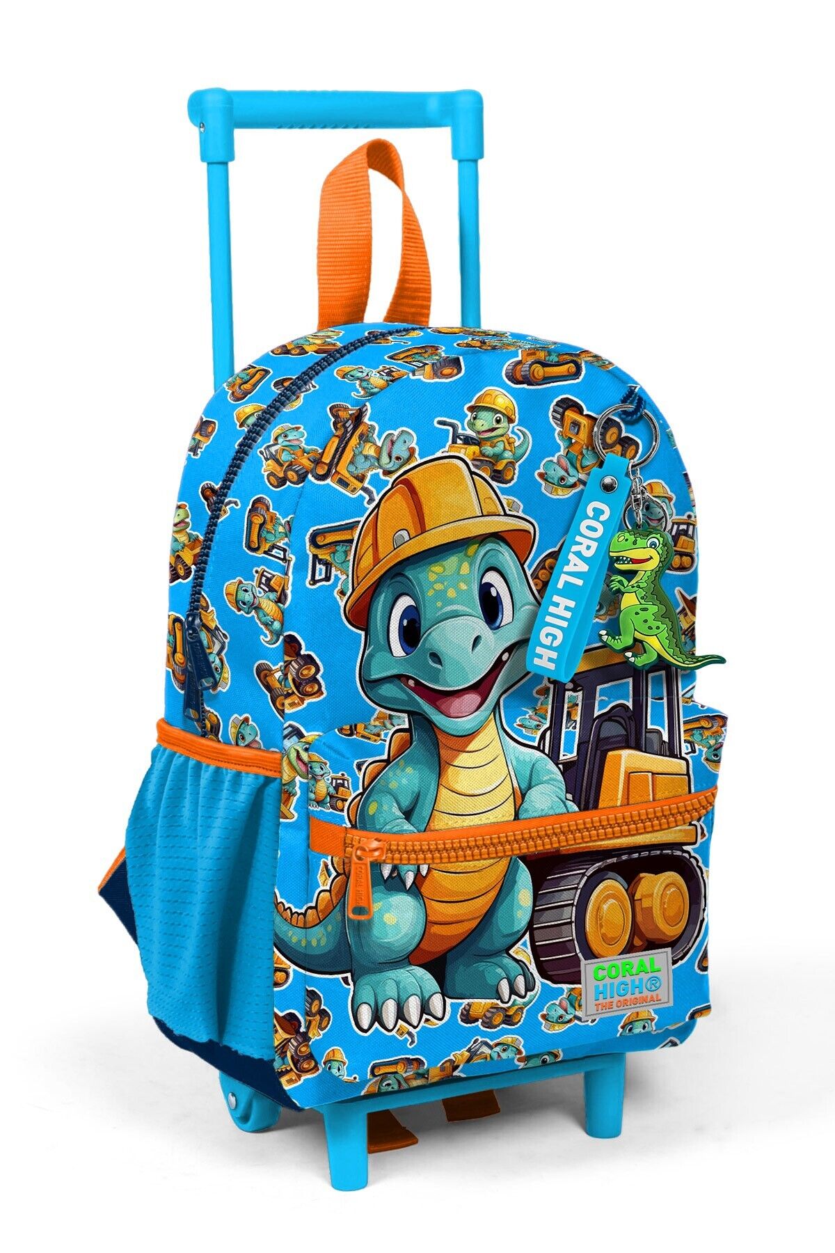 Minik Yuva Çekçekli Sırt Çantası Mavi Turuncu Dinozor Desenli İki Bölmeli 23571