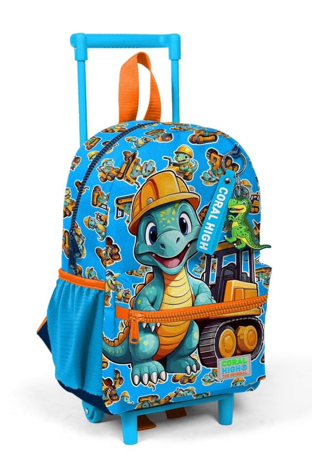 Minik Yuva Çekçekli Sırt Çantası Mavi Turuncu Dinozor Desenli İki Bölmeli 23571