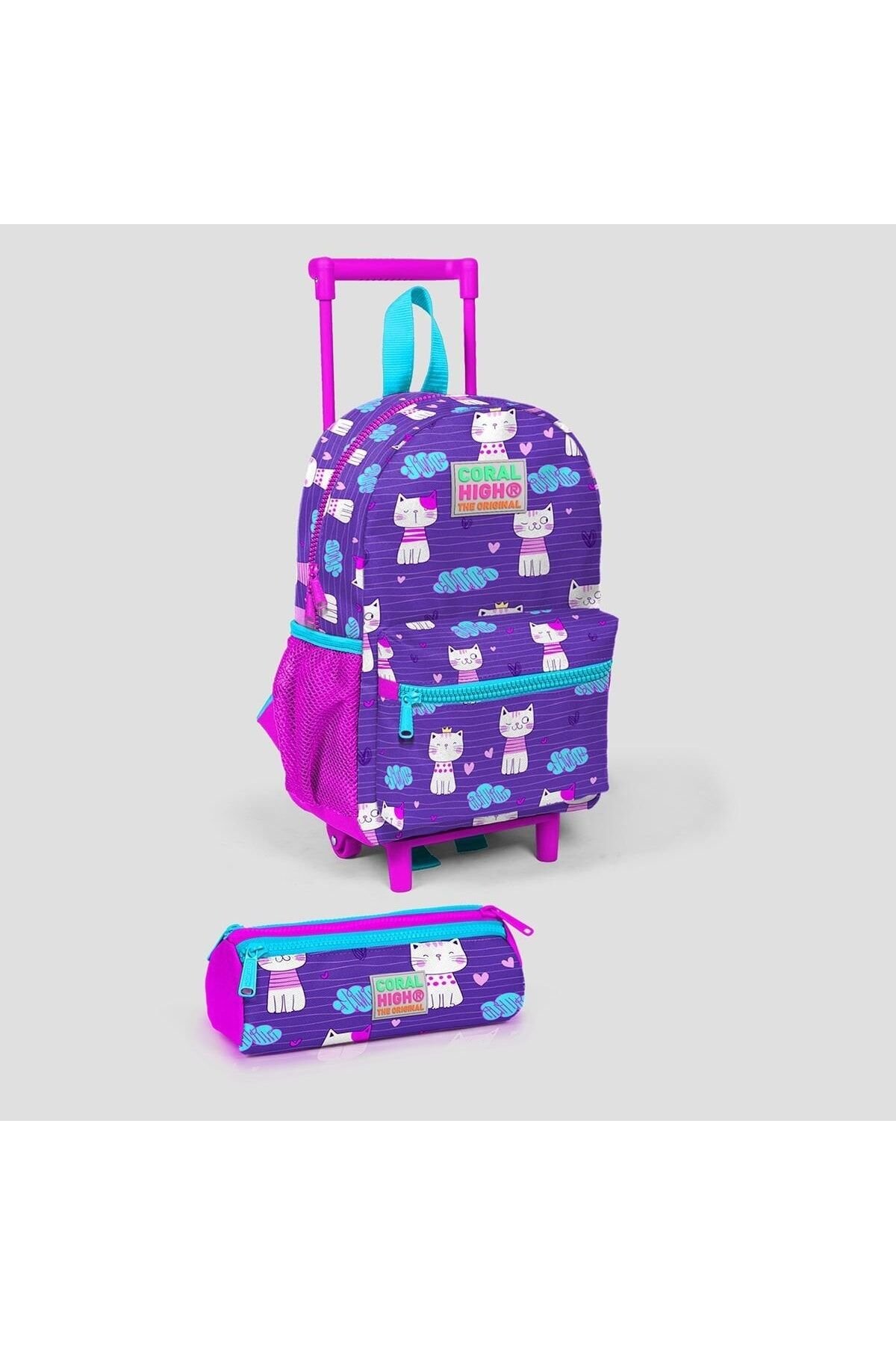 Kıds Mor Pembe Kedi Desenli Iki Bölmeli Çekcekli Yuva Sırt Çantası Ve Üç Bölmeli Kalem Ça
