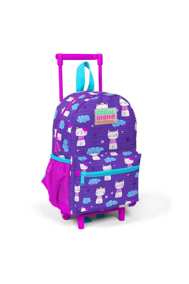 Kıds Mor Pembe Kedi Desenli Iki Bölmeli Çekcekli Yuva Sırt Çantası Ve Üç Bölmeli Kalem Ça