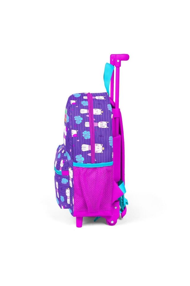 Kıds Mor Pembe Kedi Desenli Iki Bölmeli Çekcekli Yuva Sırt Çantası Ve Üç Bölmeli Kalem Ça