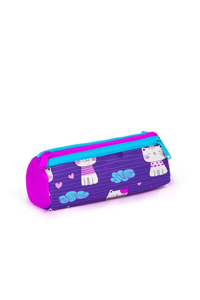 Kıds Mor Pembe Kedi Desenli Iki Bölmeli Çekcekli Yuva Sırt Çantası Ve Üç Bölmeli Kalem Ça