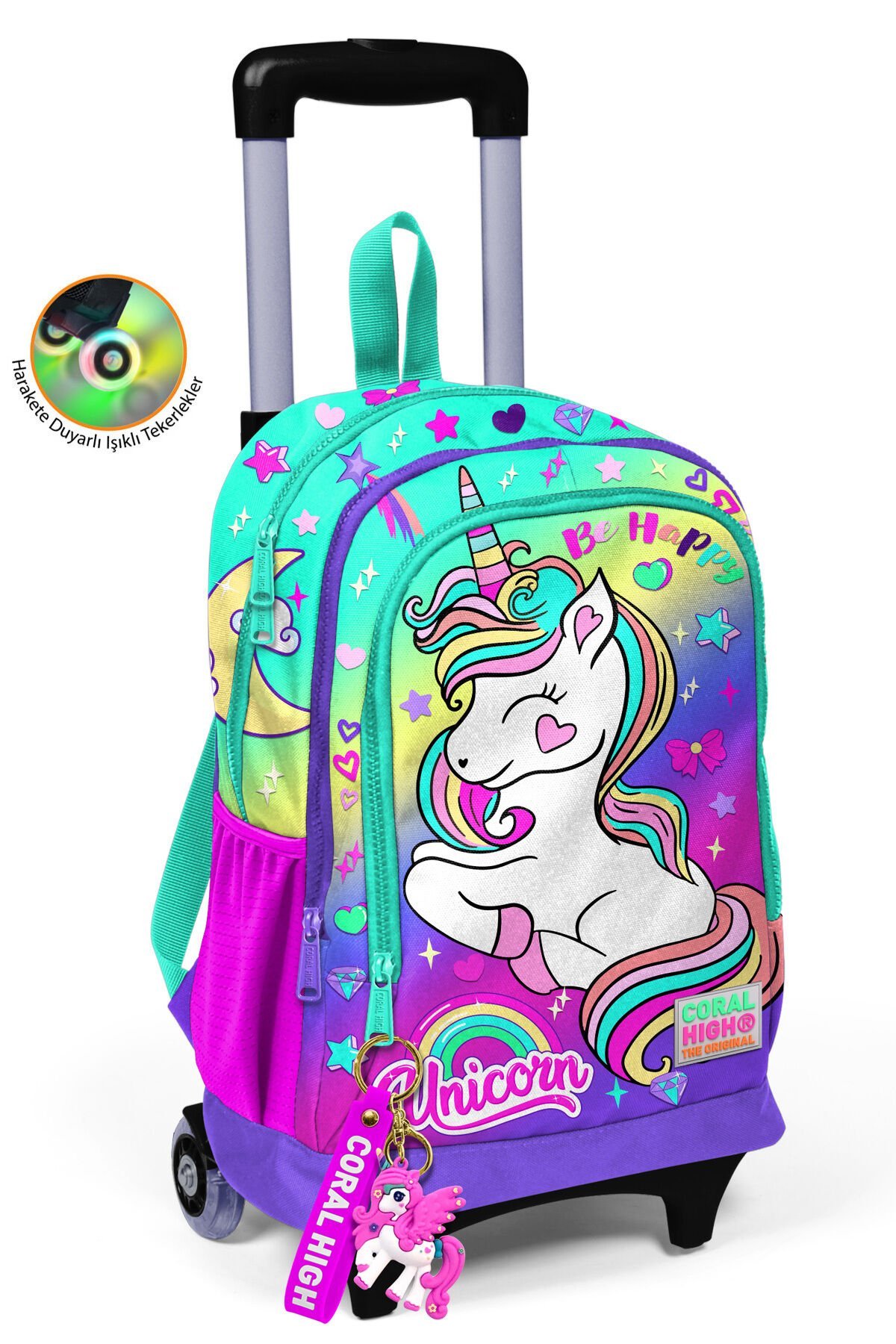 Unicorn Desenli Işıklı Tekerlek Lavanta Çekçekli Sırt Ve Okul Çantası 23929