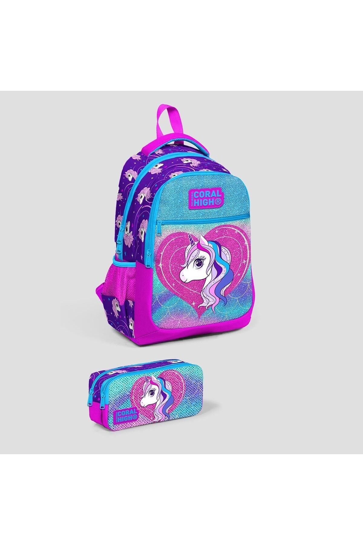 Kids Mor Pembe Unicorn Desenli Simli Üç Bölmeli Okul Sırt Çantası Ve Iki Bölmeli Kalem Ça