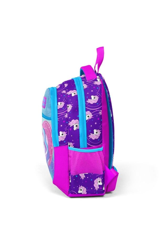 Kids Mor Pembe Unicorn Desenli Simli Üç Bölmeli Okul Sırt Çantası Ve Iki Bölmeli Kalem Ça