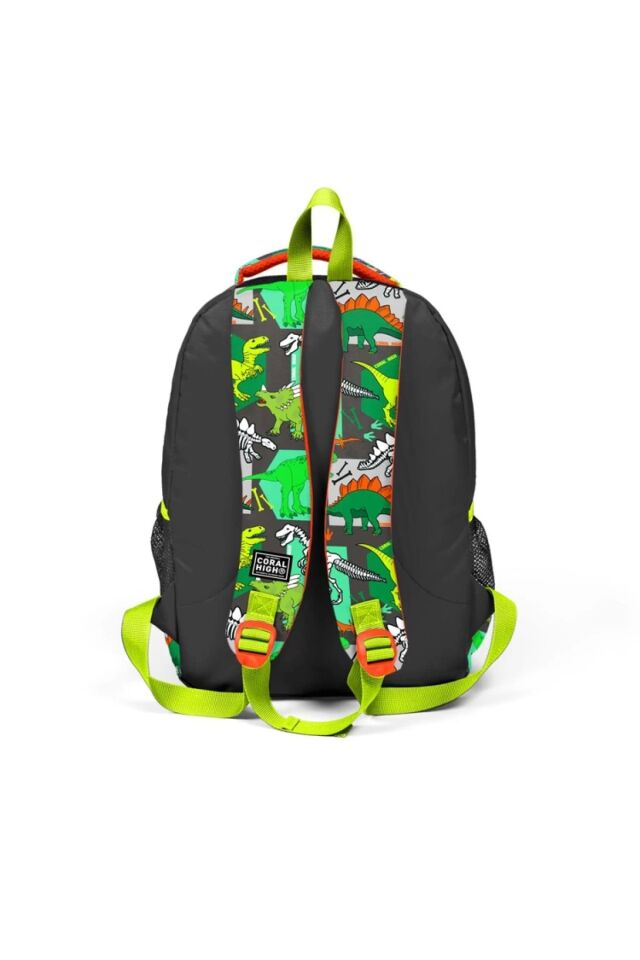 Kids Gri Yeşil Dinozor Desenli Üç Bölmeli Okul Sırt Çantası 14419