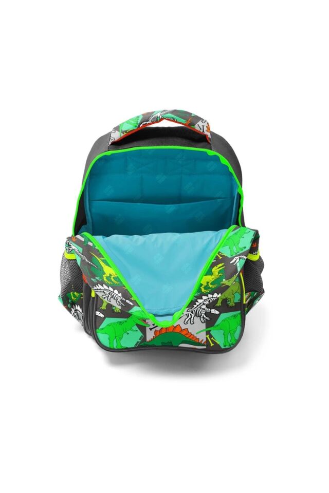 Kids Gri Yeşil Dinozor Desenli Üç Bölmeli Okul Sırt Çantası 14419