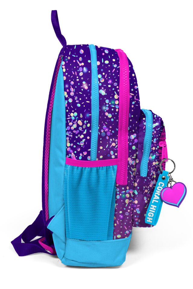 Kids Mor Mavi Pembe Kalp Desenli Dört Bölmeli Okul Sırt Çantası 23740