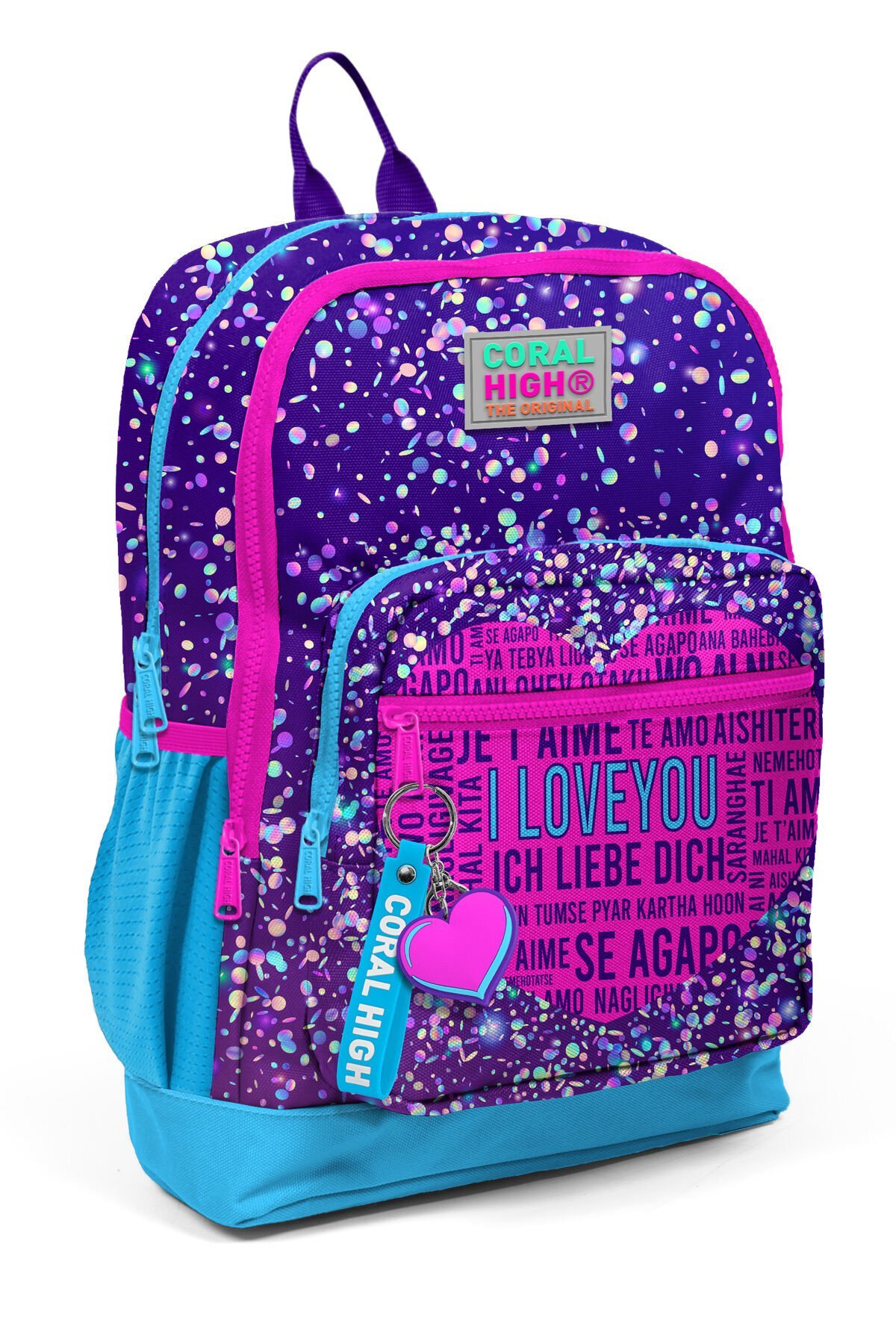 Kids Mor Mavi Pembe Kalp Desenli Dört Bölmeli Okul Sırt Çantası 23740