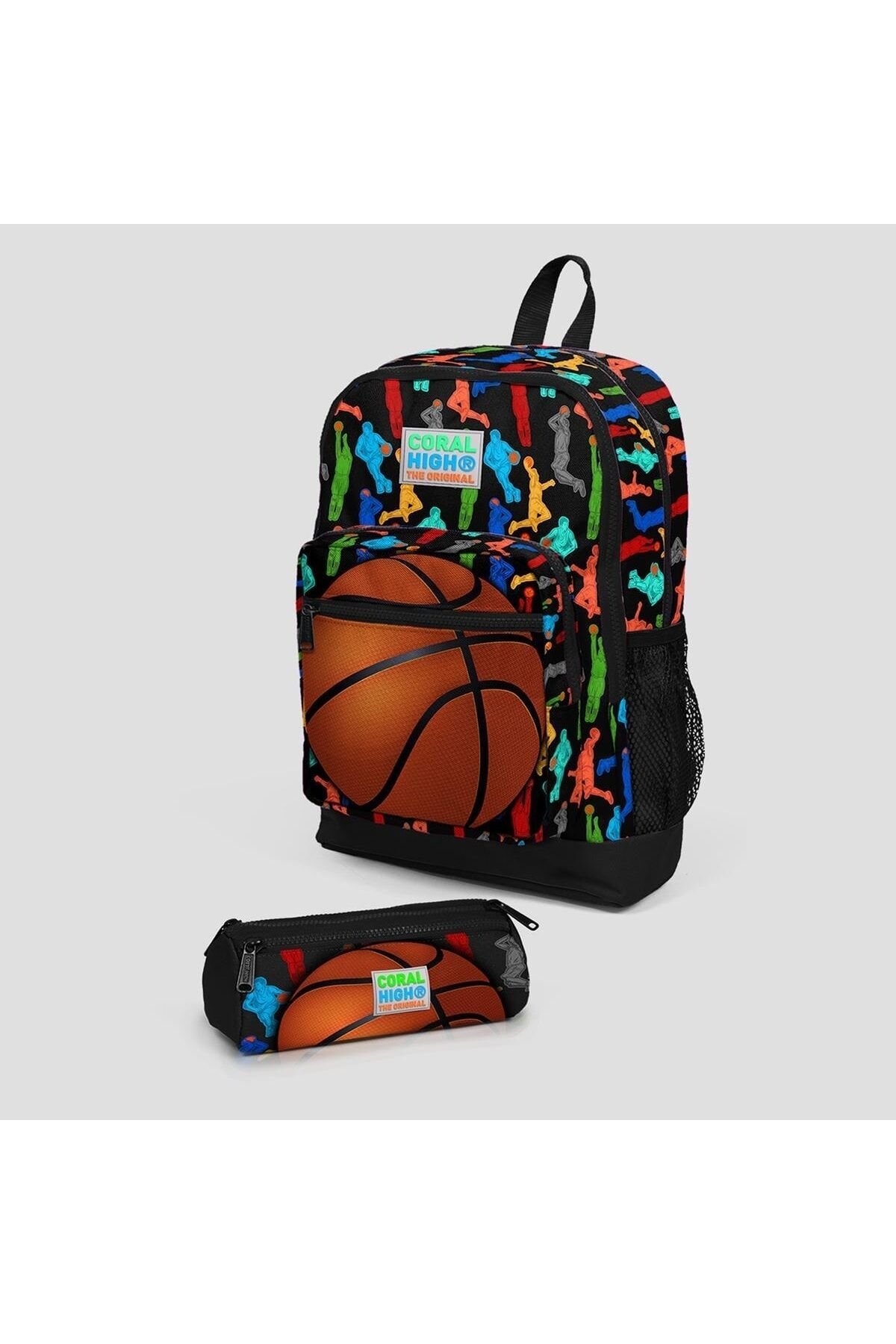 Kids Siyah Basketbol Desenli Dört Bölmeli Okul Sırt Çantası Ve Üç Bölmeli Kalem Çantası 2