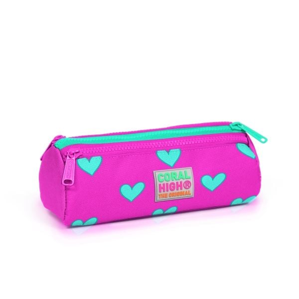 Coral High Kids Neon Pembe Su Yeşili Kalp Desenli Üç Bölmeli Kalem Çantası 22317