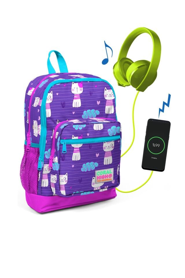 Kids Mor Kedi Desenli Dört Bölmeli Usb Şarjlı Kulaklık Çıkışlı 3'lü Çanta 23264