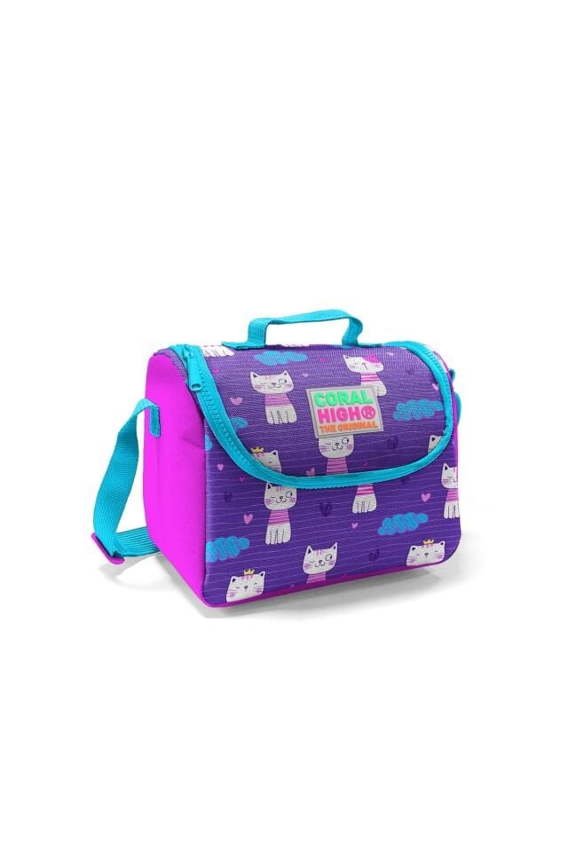 Kids Mor Kedi Desenli Dört Bölmeli Usb Şarjlı Kulaklık Çıkışlı 3'lü Çanta 23264