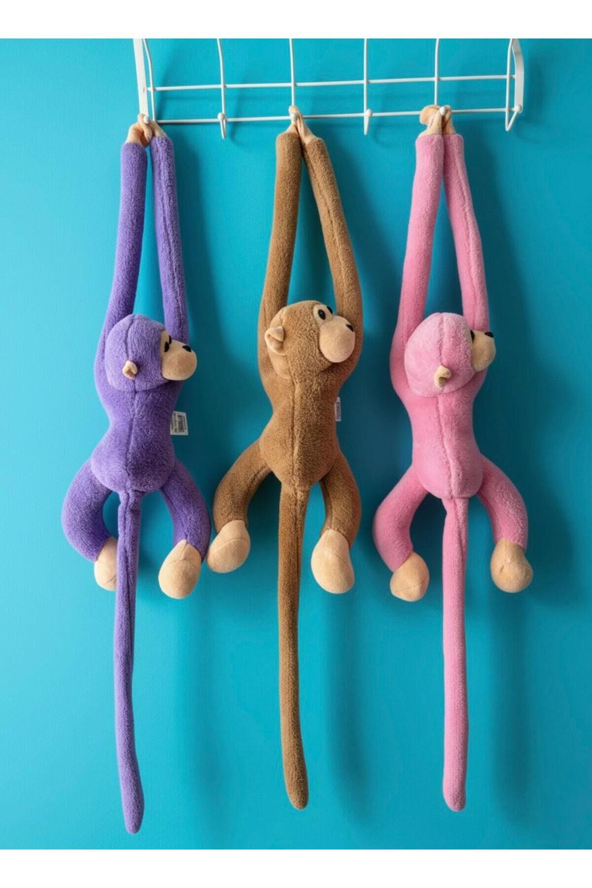Atakids Sarılan Peluş Maymun Eğlenceli ve Sevimli Oyun Arkadaşı (3 Adet) Mor - Kahverengi - Pembe