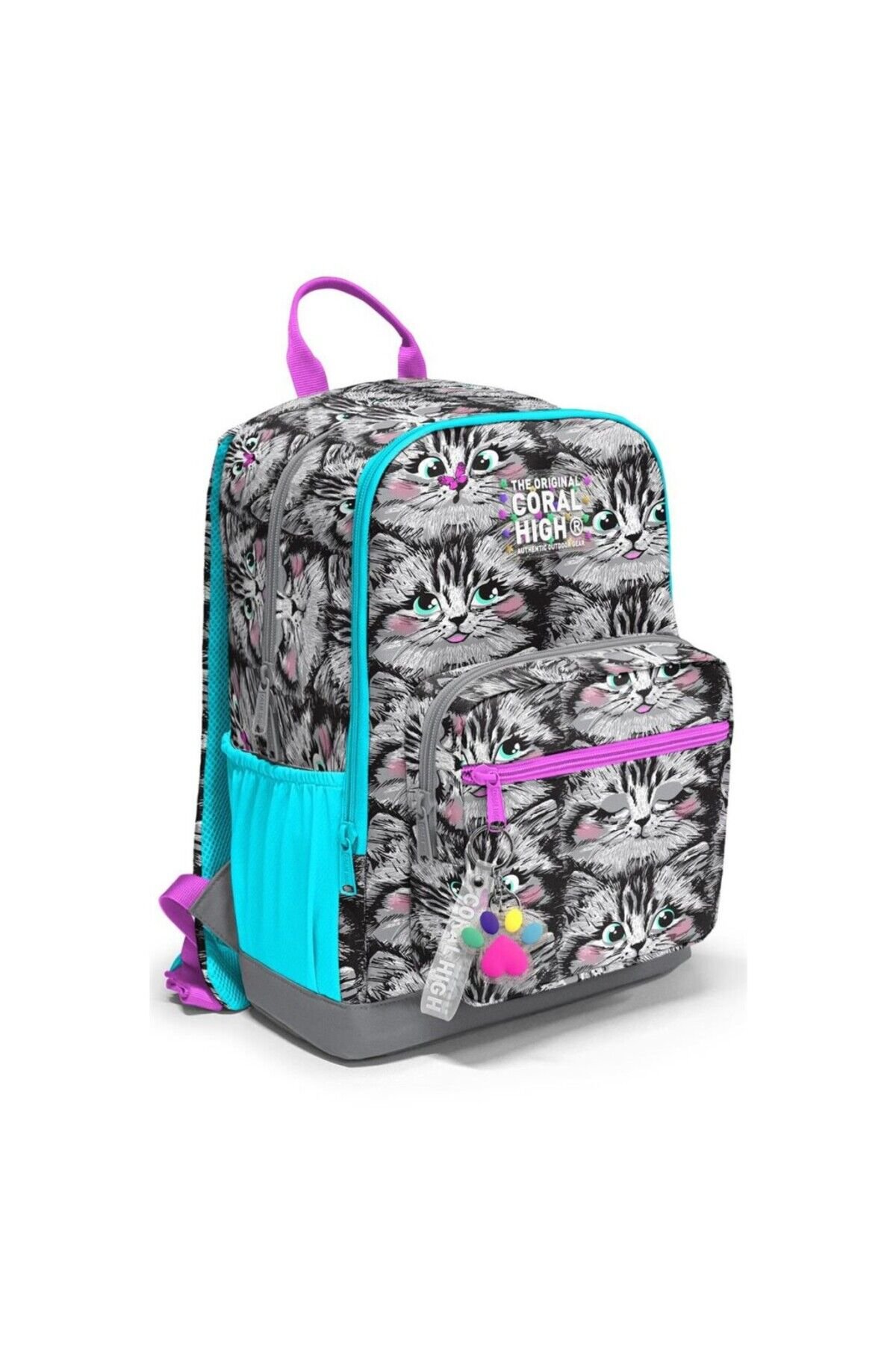 Gri Kedi Desenli Dört Bölmeli Okul Sırt Çantası 23638