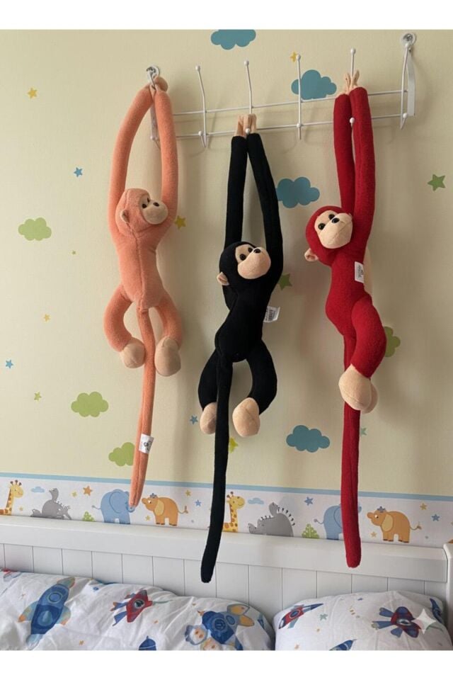 Atakids Sarılan Peluş Maymun Eğlenceli ve Sevimli Oyun Arkadaşı (3 Adet) Siyah - Kırmızı - Turuncu