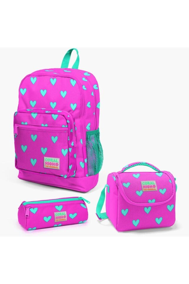 Coral High Kids Neon Pembe Su Yeşili Kalp Desenli 3’lü Okul Çanta Seti