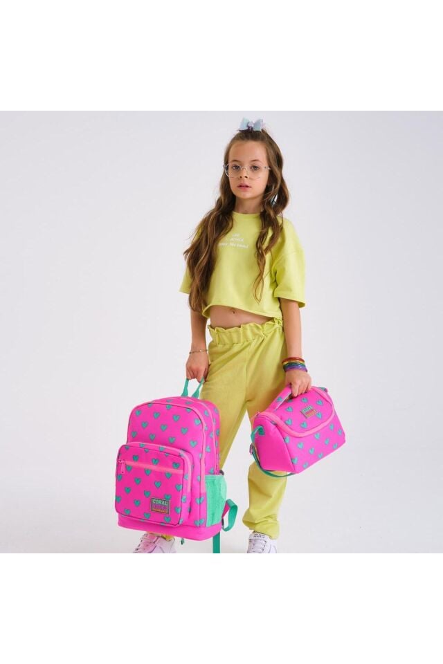 Coral High Kids Neon Pembe Su Yeşili Kalp Desenli 3’lü Okul Çanta Seti