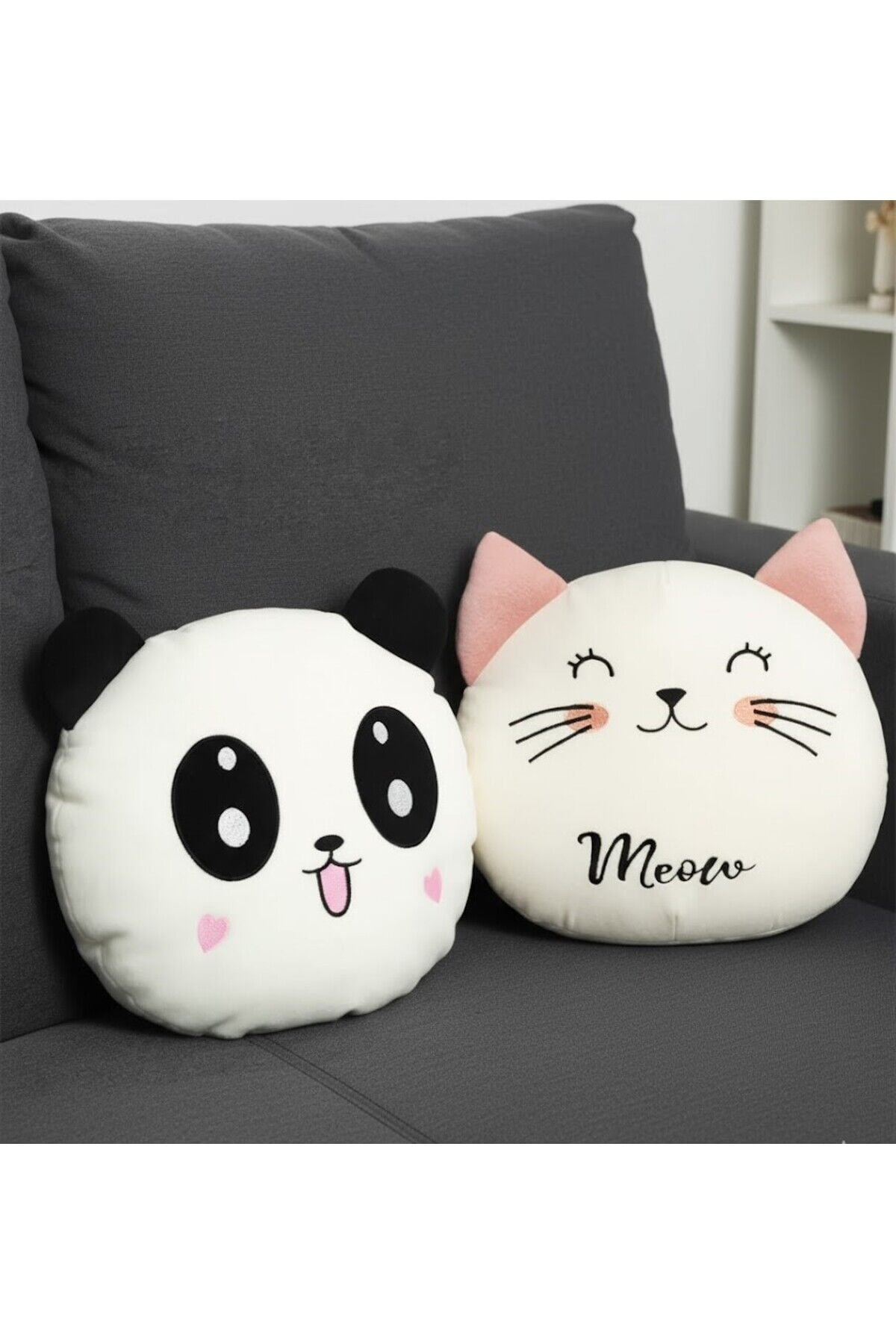Sozzy Sevimli Peluş Panda ve Kedi Yastık Seti Beyaz