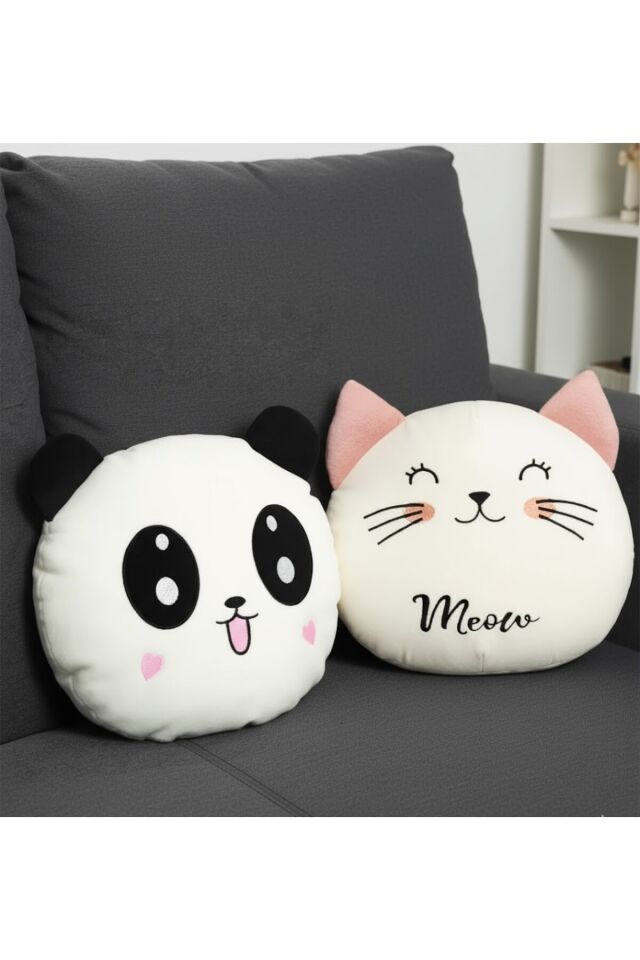 Sozzy Sevimli Peluş Panda ve Kedi Yastık Seti Beyaz