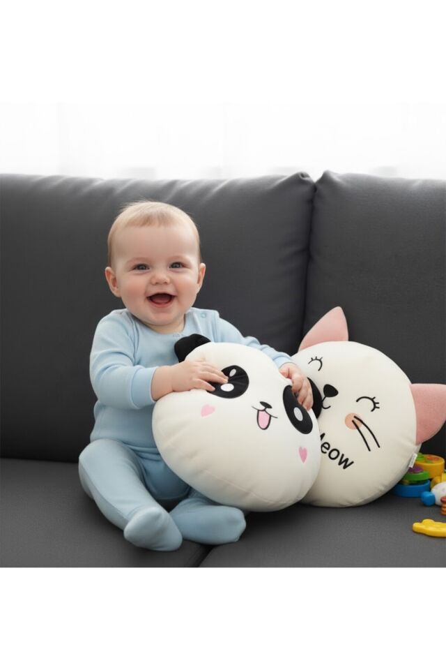Sozzy Sevimli Peluş Panda ve Kedi Yastık Seti Beyaz
