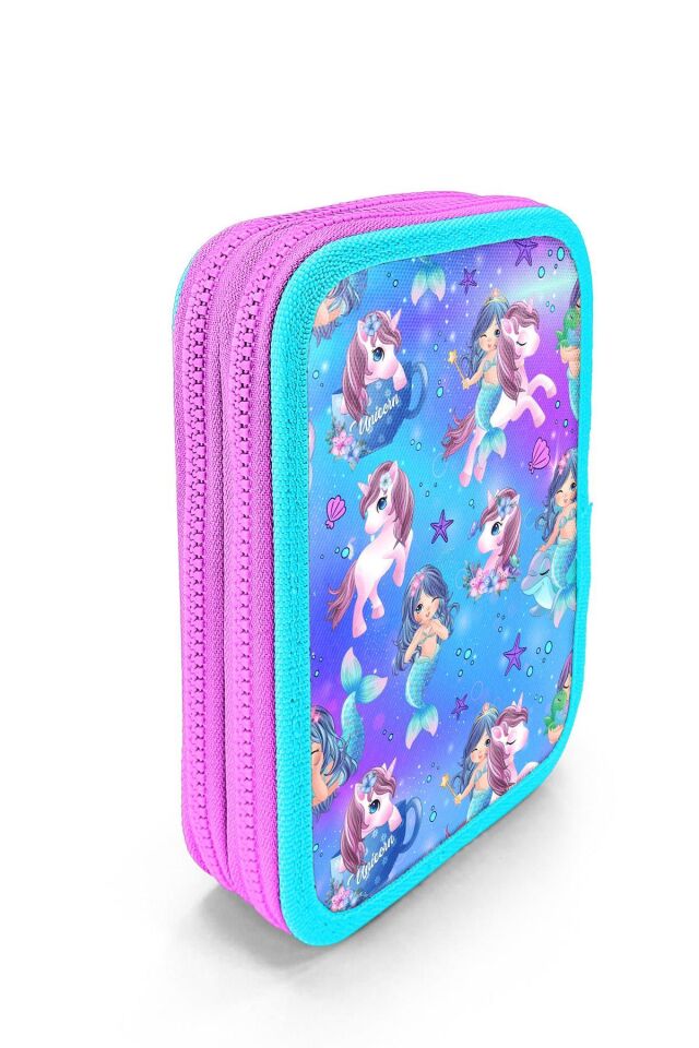Kids Mor Pembe Unicorn Deniz Kızı Desenli Çift Katlı Kalem Çanta 11138