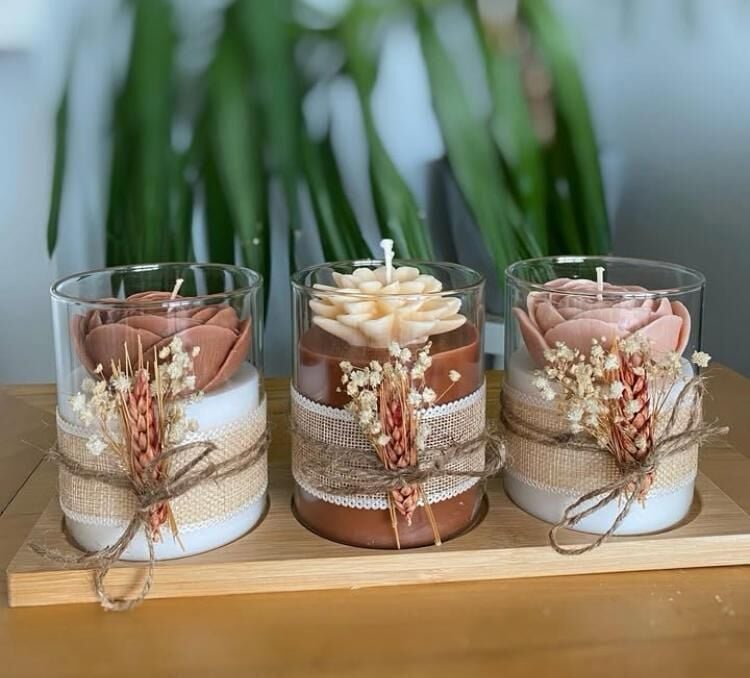 Ahşap Tabaklı, El yapımı, Bohem 3'lü Mum Seti Kahverengi