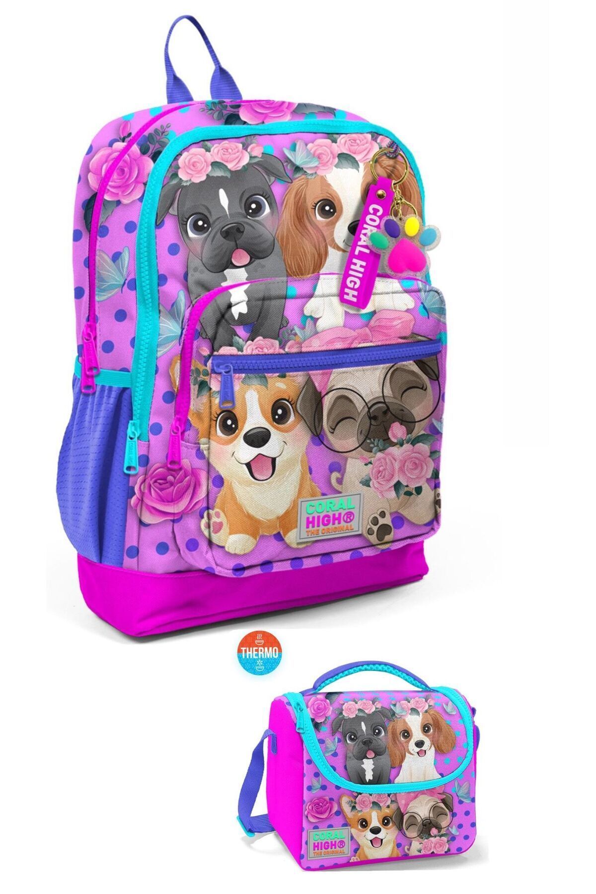 Pembe Köpek Desenli 2'li Okul Çanta Seti - Çanta ve Beslenme