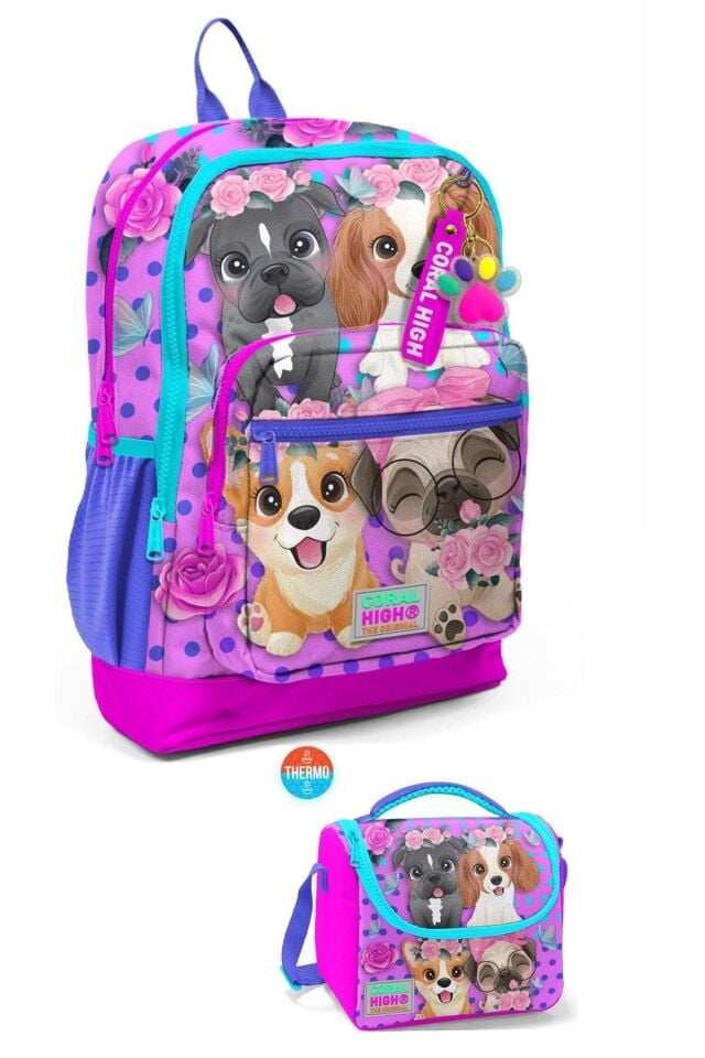 Pembe Köpek Desenli 2'li Okul Çanta Seti - Çanta ve Beslenme