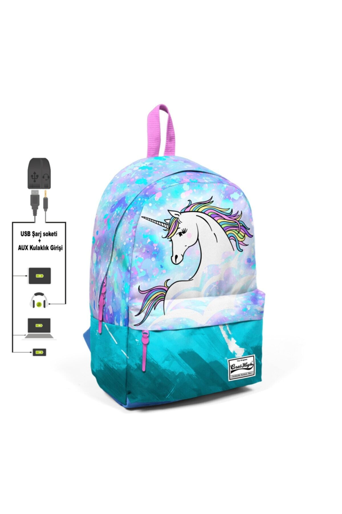 Adalinhome Derin Unicornlu Iki Bölmeli Usb Şarjlı Kulaklık Çıkışlı Sırt Çantası Mavi