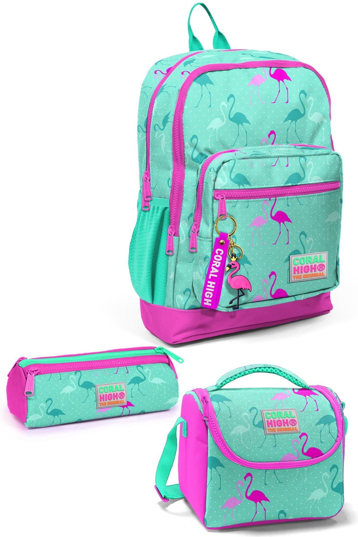 Coral High Kids Su Yeşili Neon Pembe Flamingo Desenli Dört Bölmeli Okul Sırt Çanta Seti 3''lü 23111