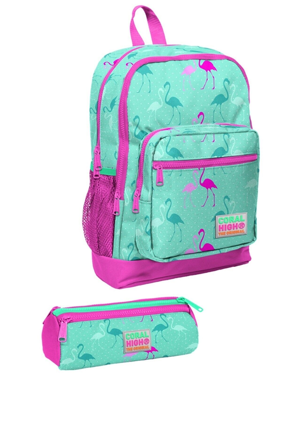 Yaygan Su Yeşili Neon Pembe Flamingo Desenli Dört Bölmeli Okul Sırt Çantası Ve Kalem Çantası Set