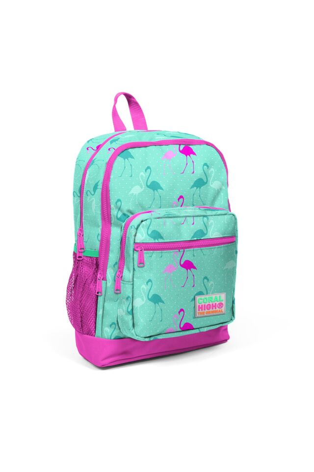 Yaygan Su Yeşili Neon Pembe Flamingo Desenli Dört Bölmeli Okul Sırt Çantası Ve Kalem Çantası Set