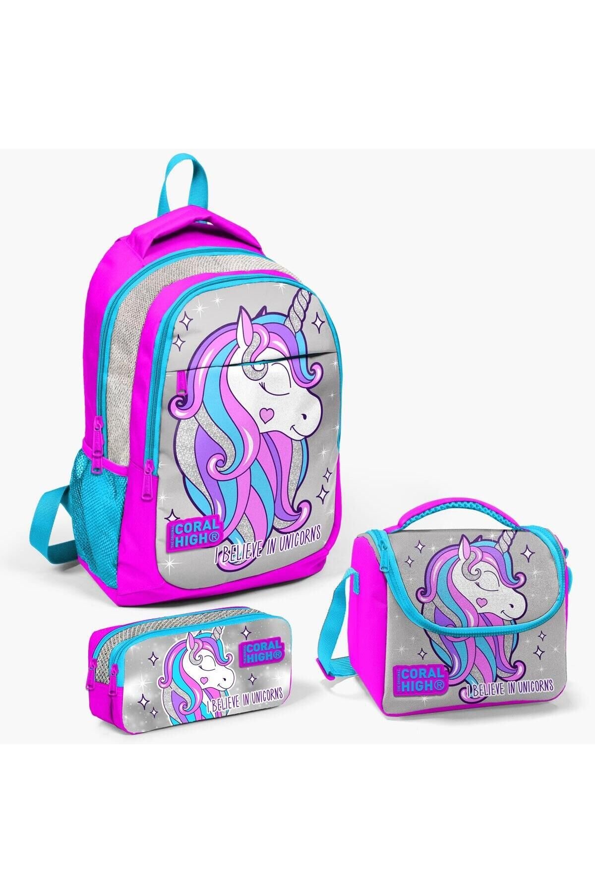CORAL HİGH KİDS SİMLİ UNİCORN DESENLİ İLKOKUL 3'LÜ OKUL ÇANTA SETİ PEMBE - GÜMÜŞ SET0114383