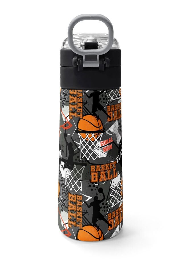 Kids Siyah Gri Basketbol Desenli Pipetli ve Direkt İçim Çelik Termos 500 ml 31975